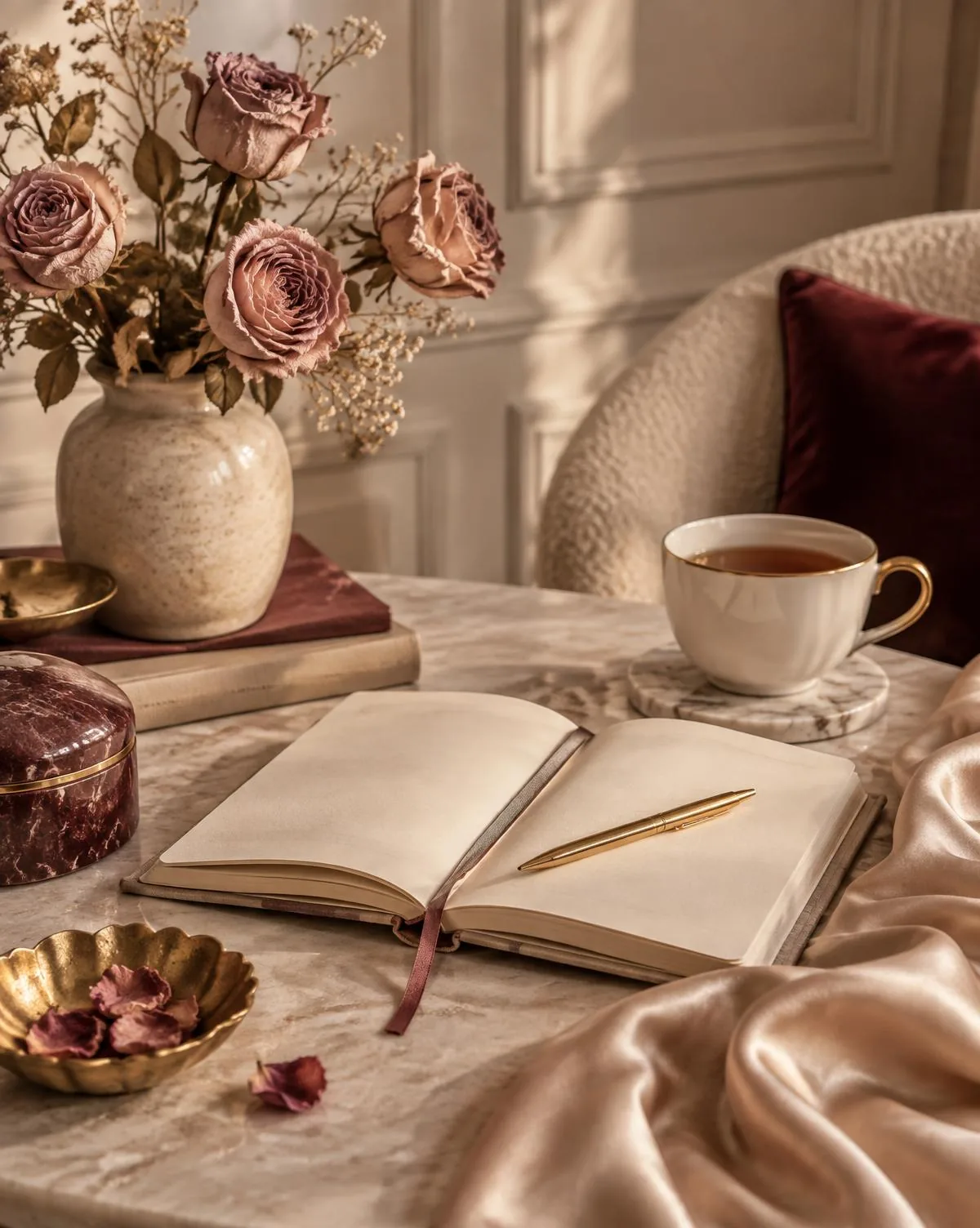 Ambiente acolhedor com rosas, chá e um caderno aberto